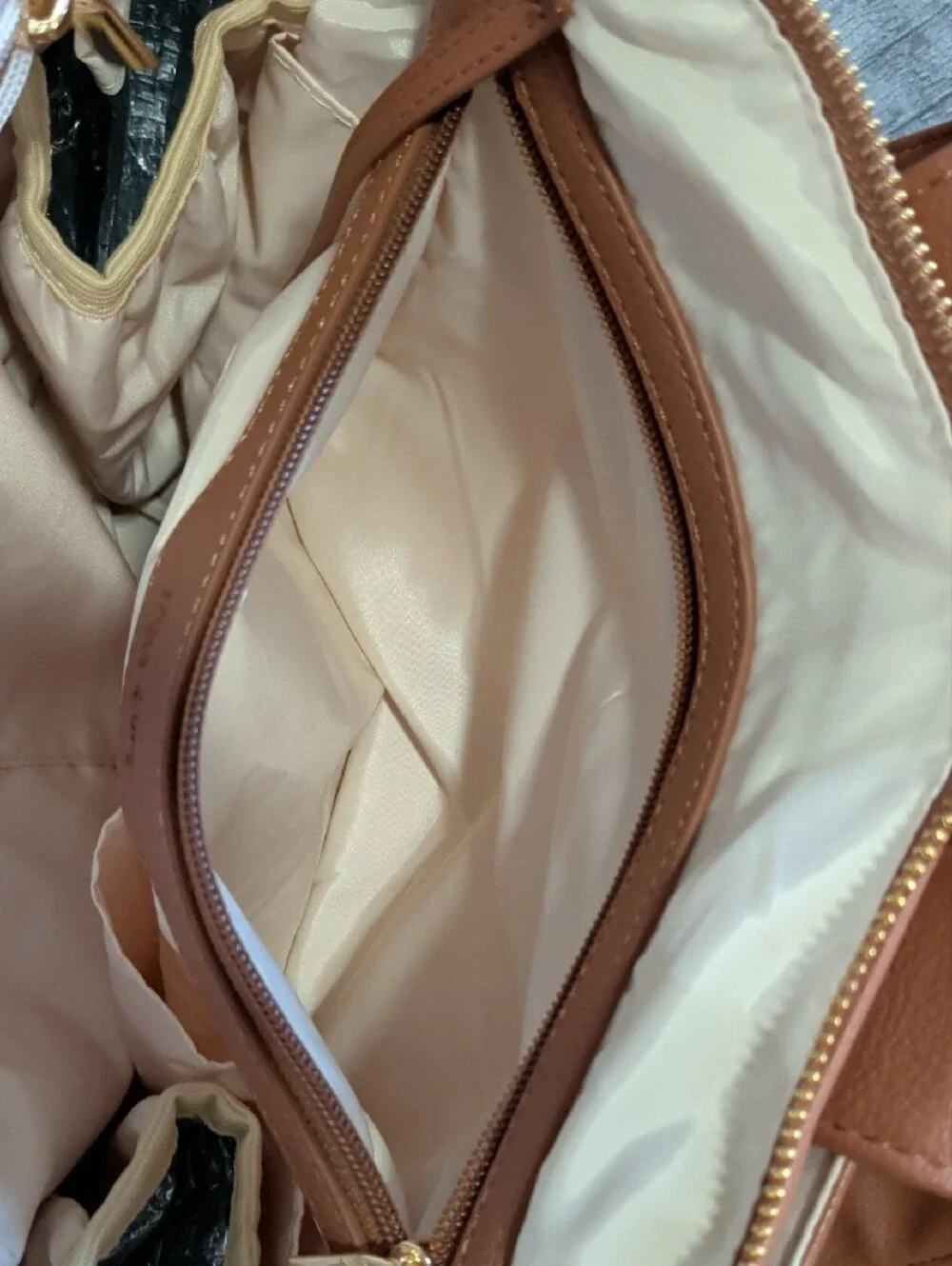 Tan Vegan Leather Baby Diaper Bag Tote Backpack with Multiple Front Pockets